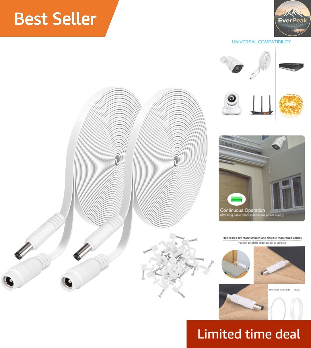 Indoor/Outdoor 10ft DC Power Extension Cable for CCTV - 2 Packs, Lightweight