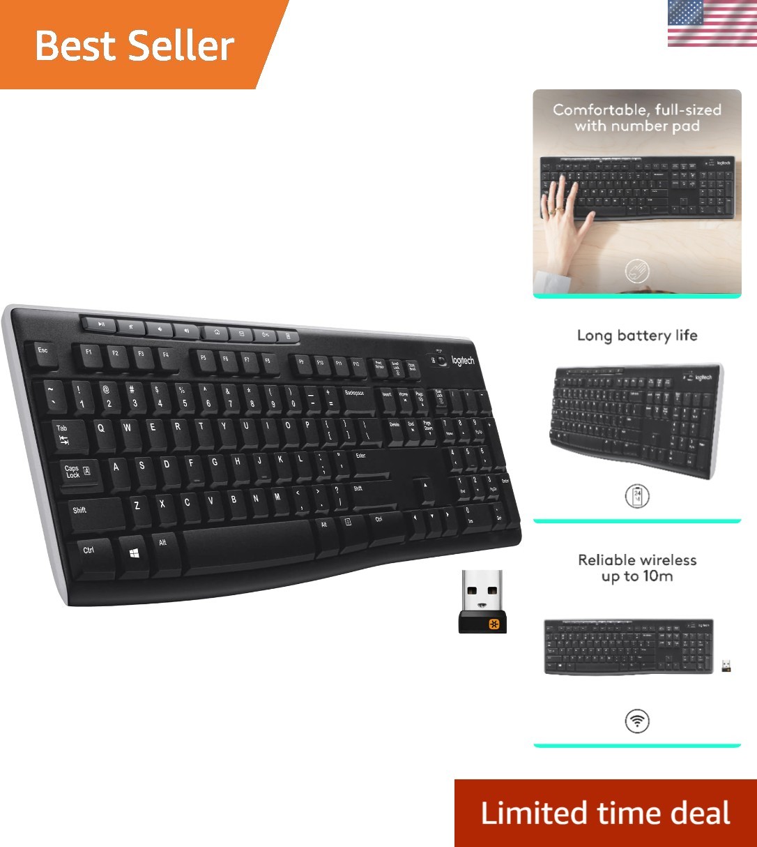 Logitech K270 Wireless Keyboard - Full Size, Spill-Proof, 2- Battery Life