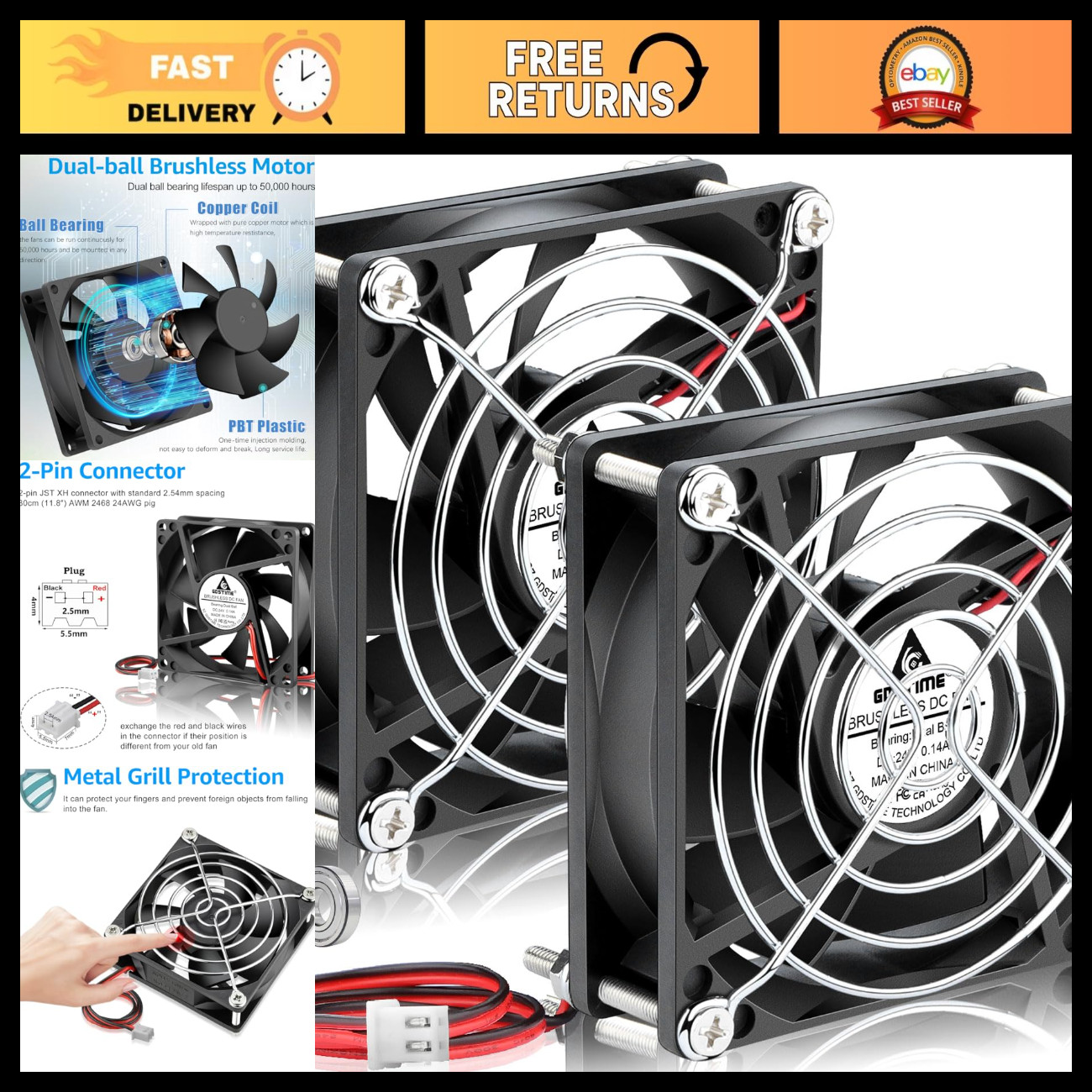 80mm Brushless DC Cooling Fan 24V, 2-Pin, 2-Pack, Quiet & Efficient for PC/DIY