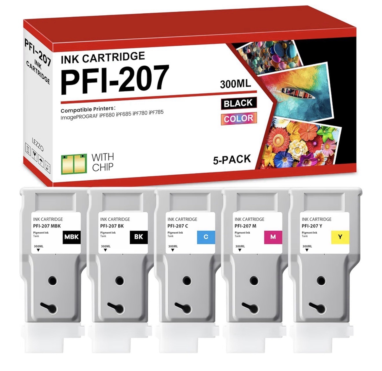 Lezzo PFI-207 Ink Cartridges 5 Pack 300mL Each Fits Canon iPF680 685 780 785