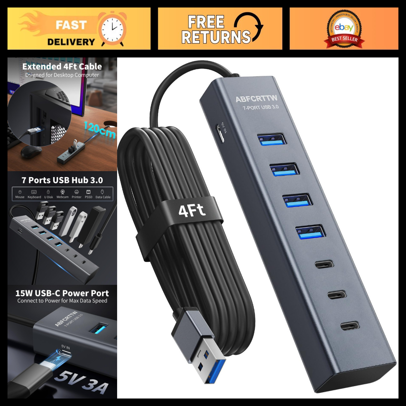 4FT 7-Port USB 3.0 Hub, Aluminum Desktop USB Extender, High-Speed Data Transfer