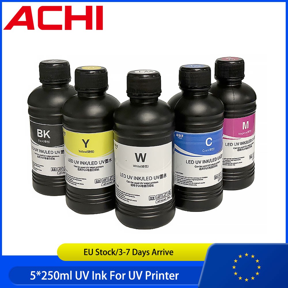 [EU] 5x250ml UV INK For ACHI A3/A4/A5 UV Printer CMYKW Neutral Epson R1390 L800