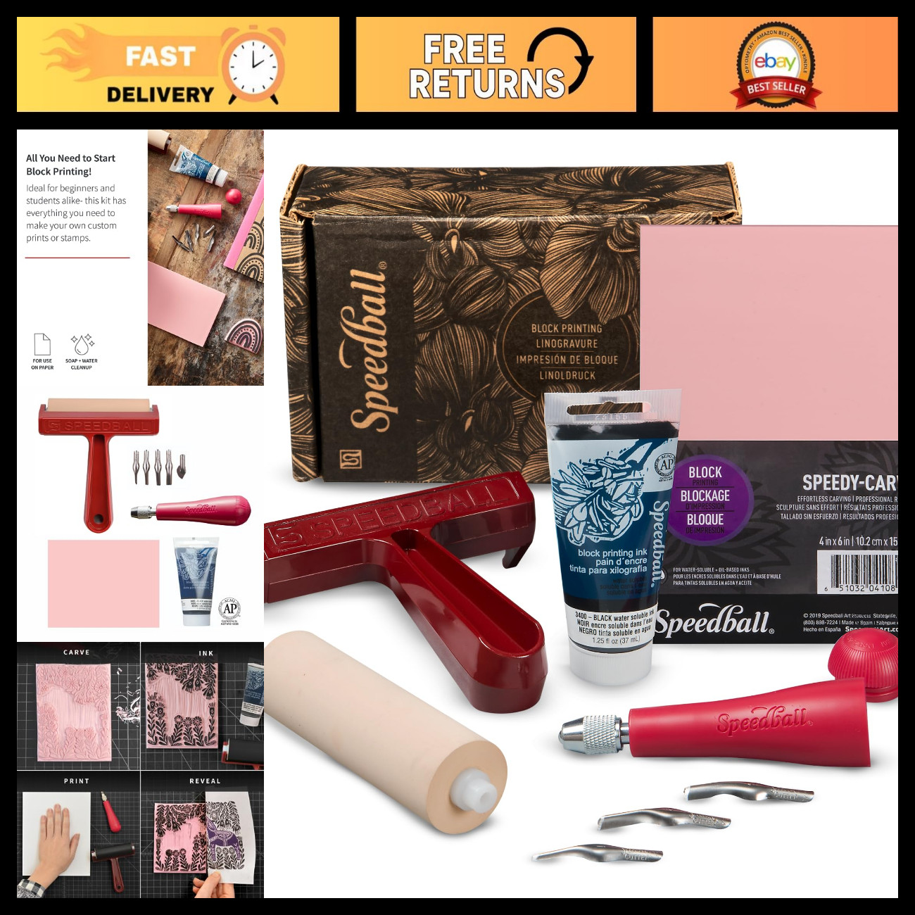 Block Printing Starter Kit - Ink, Brayer, Lino Handle, Cutters & Speedy-Carve