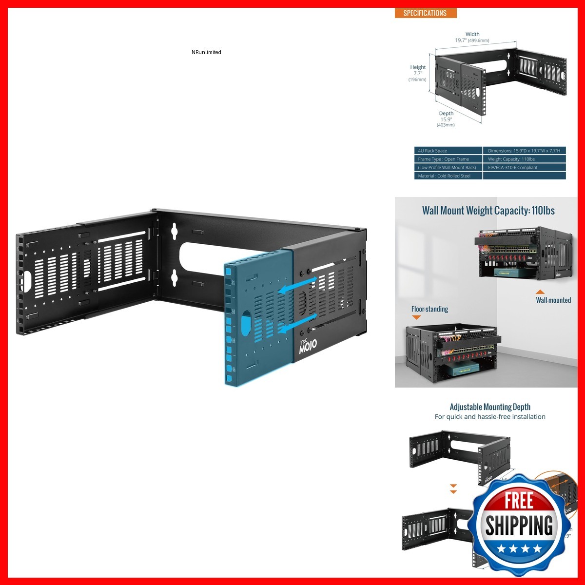 Tecmojo 4U Wall Mount Network Rack 19" Open Frame Adjustable Depth 9.7-15.9 in