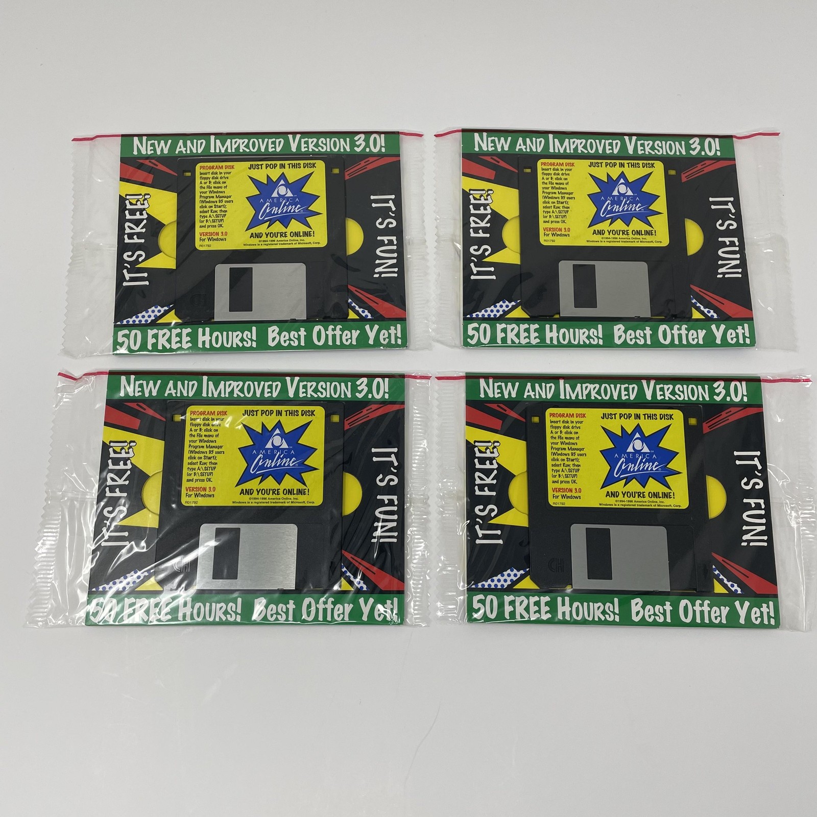 Vintage America Online AOL Version 3.0 Windows Floppy 3.5" Lot 4 Promo 50 Hours