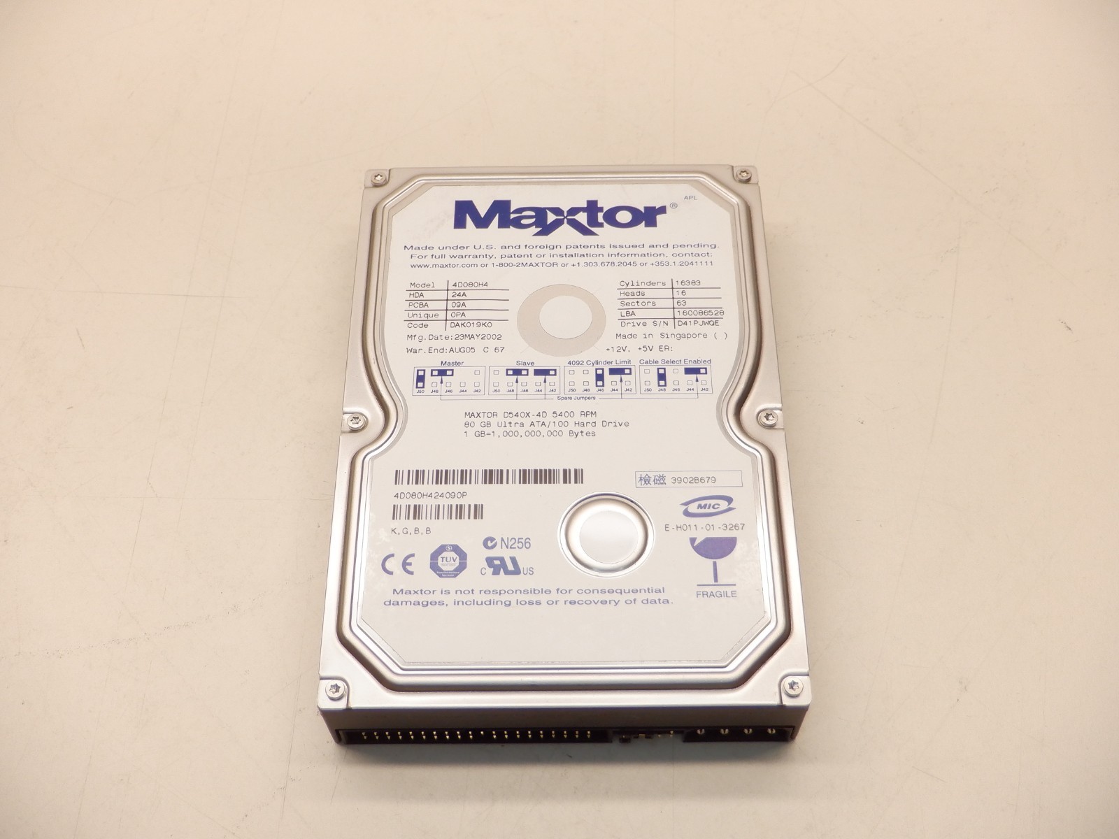 MAXTOR D540X-4D 80GB ULTRA ATA/100 HARD DRIVE 4D080H4