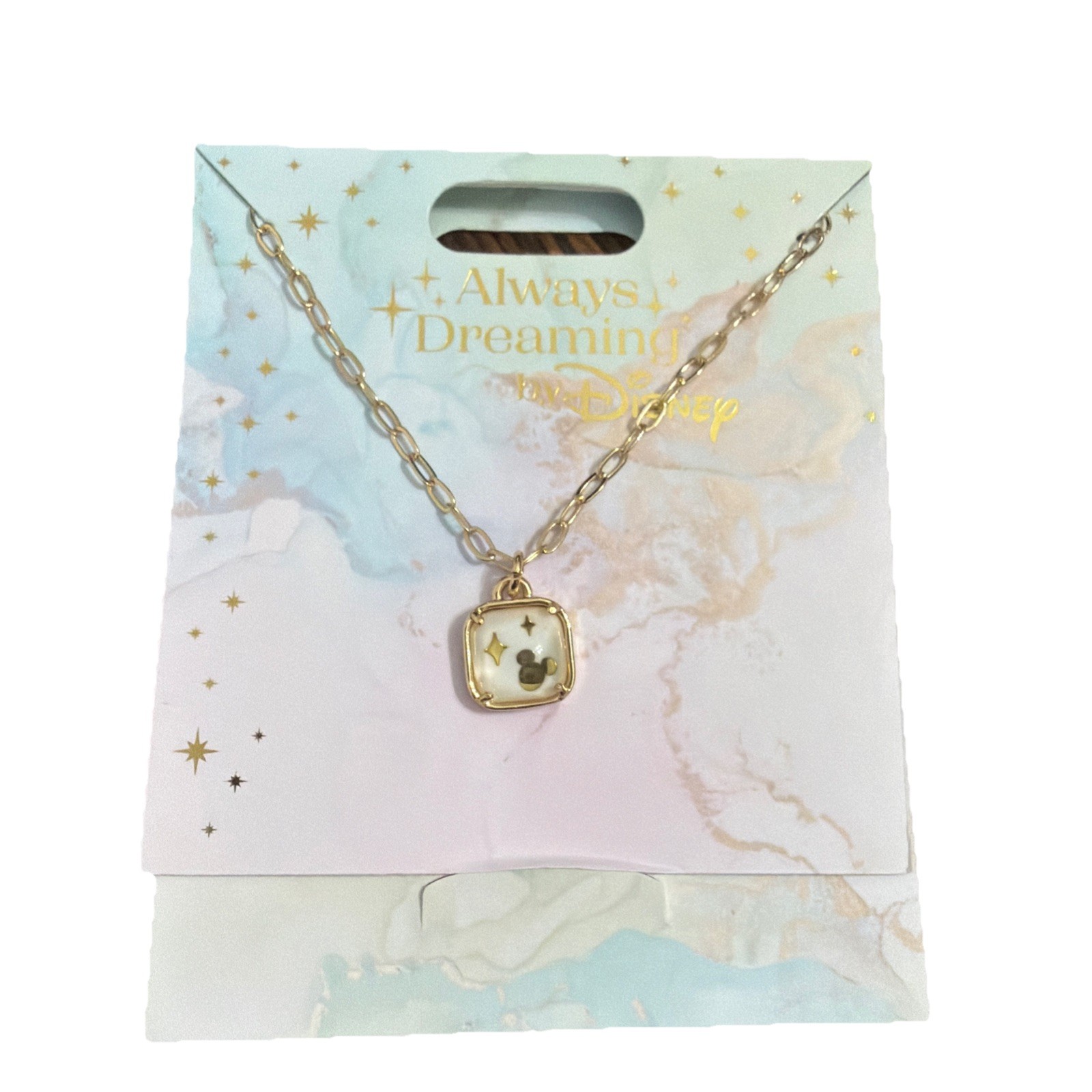 2025 Disney Parks Always Dreaming Mickey Mouse Ear Square Gold Tone Necklace