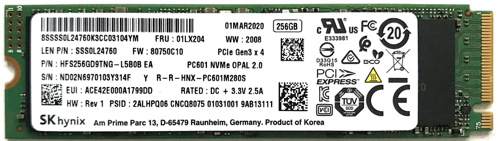 SK Hynix 256GB PC601 NVMe OPAL 2.0 M.2 PCIe Gen3x4 SSD HFS256GD9TNG-L5B0B EA