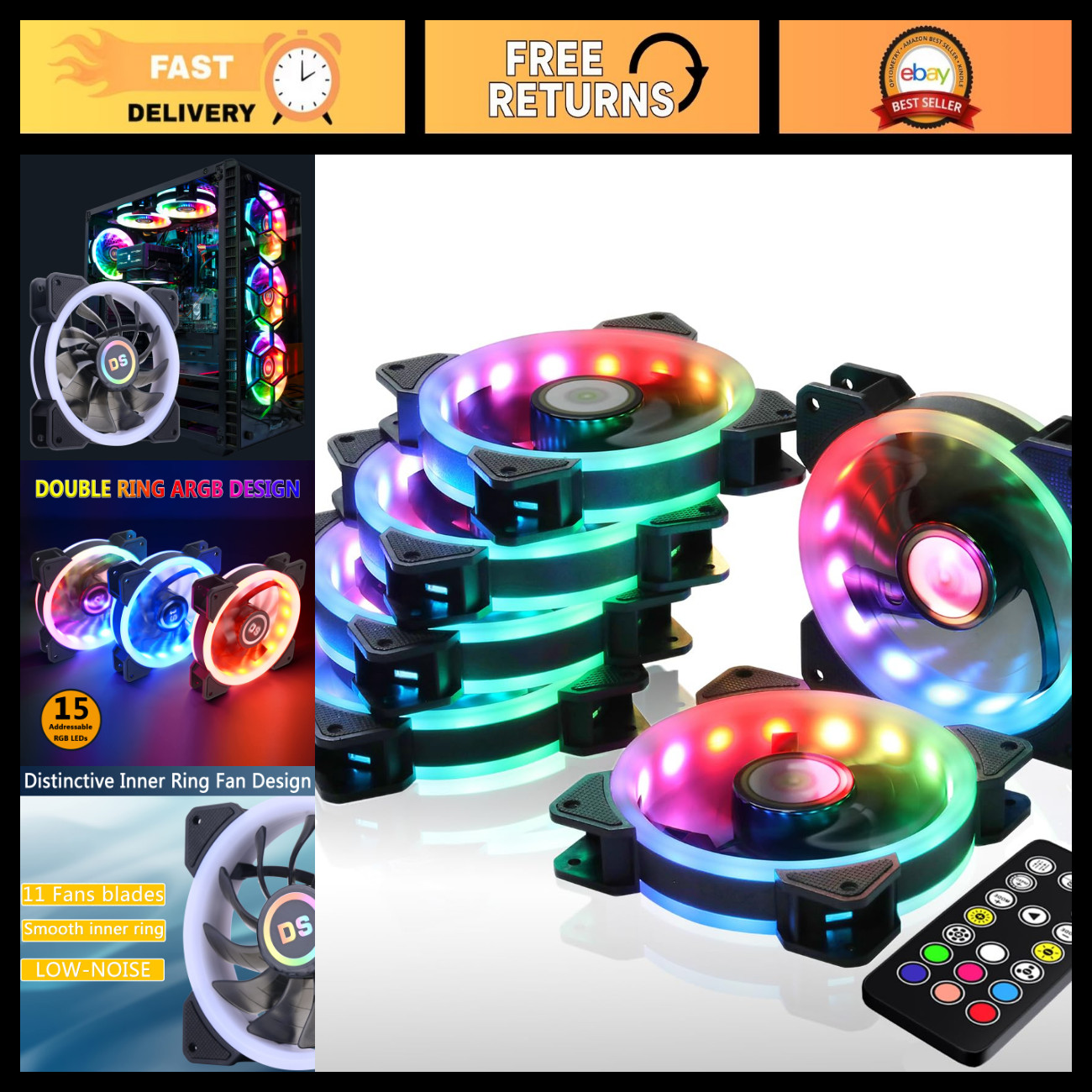 6-Pack 120MM RGB LED PC Cooling Fans with Remote Control for Computer Case, CPU