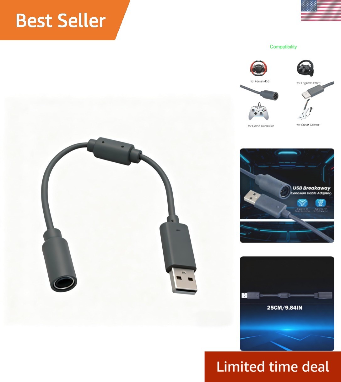 10-Inch USB Breakaway Cable - Compatible with Ferrari 458 Spider Racing Wheel