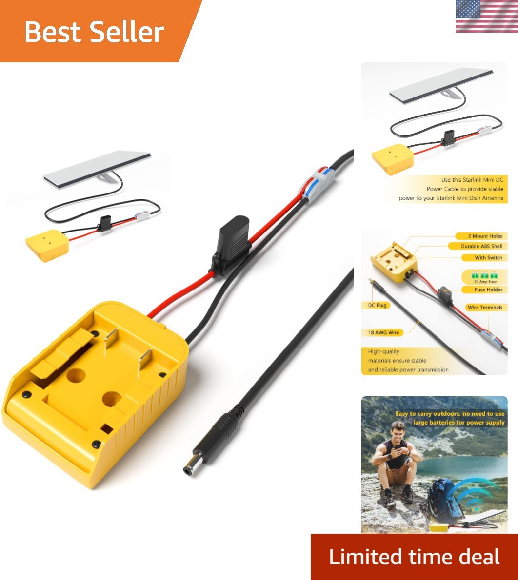 Reliable Starlink Mini DC Power Cable with De.Walt Battery Adapter - 10 Amps