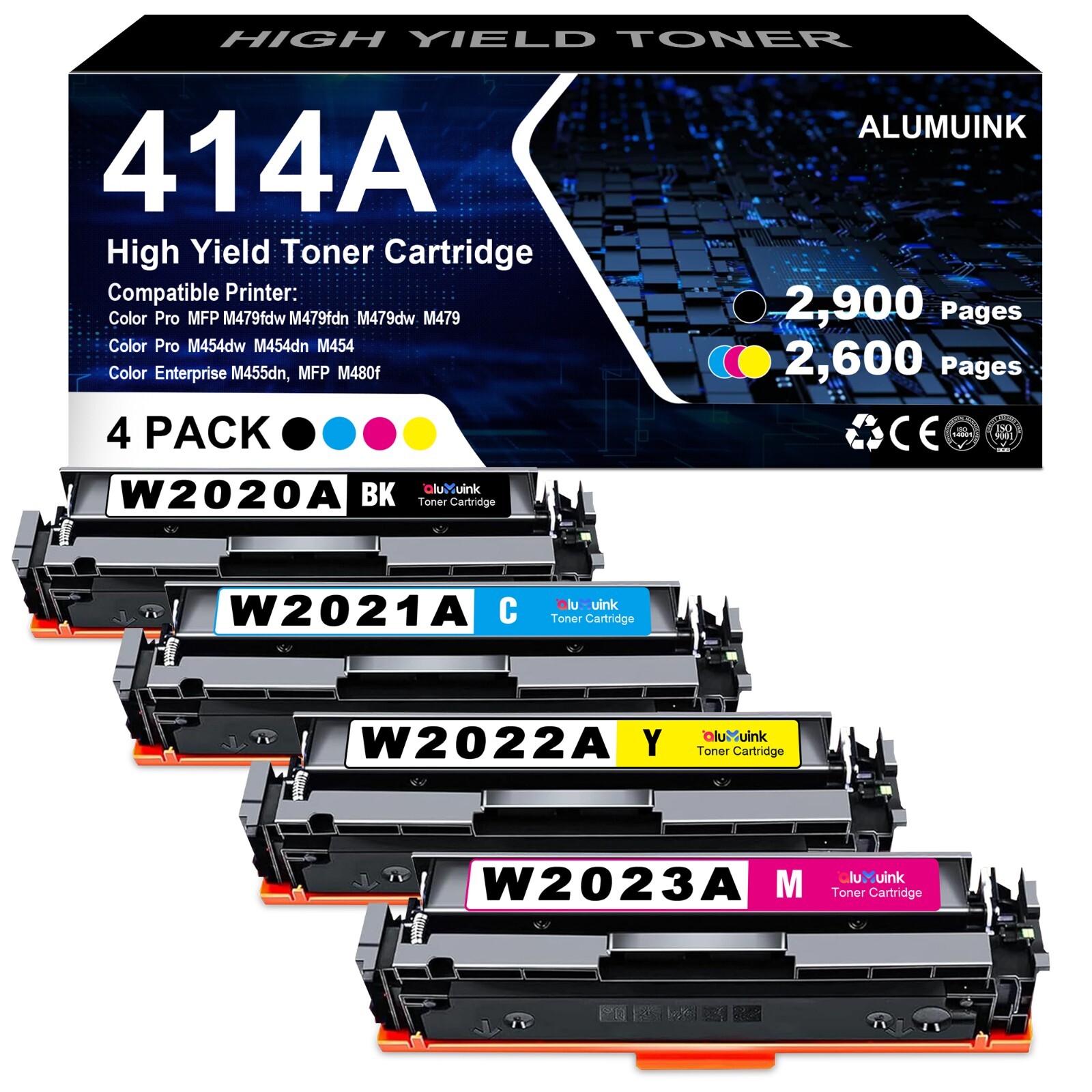 4PK Toner for HP 414A W2020A Color Laserjet Pro MFP M479fdw M454dn with Chip 
