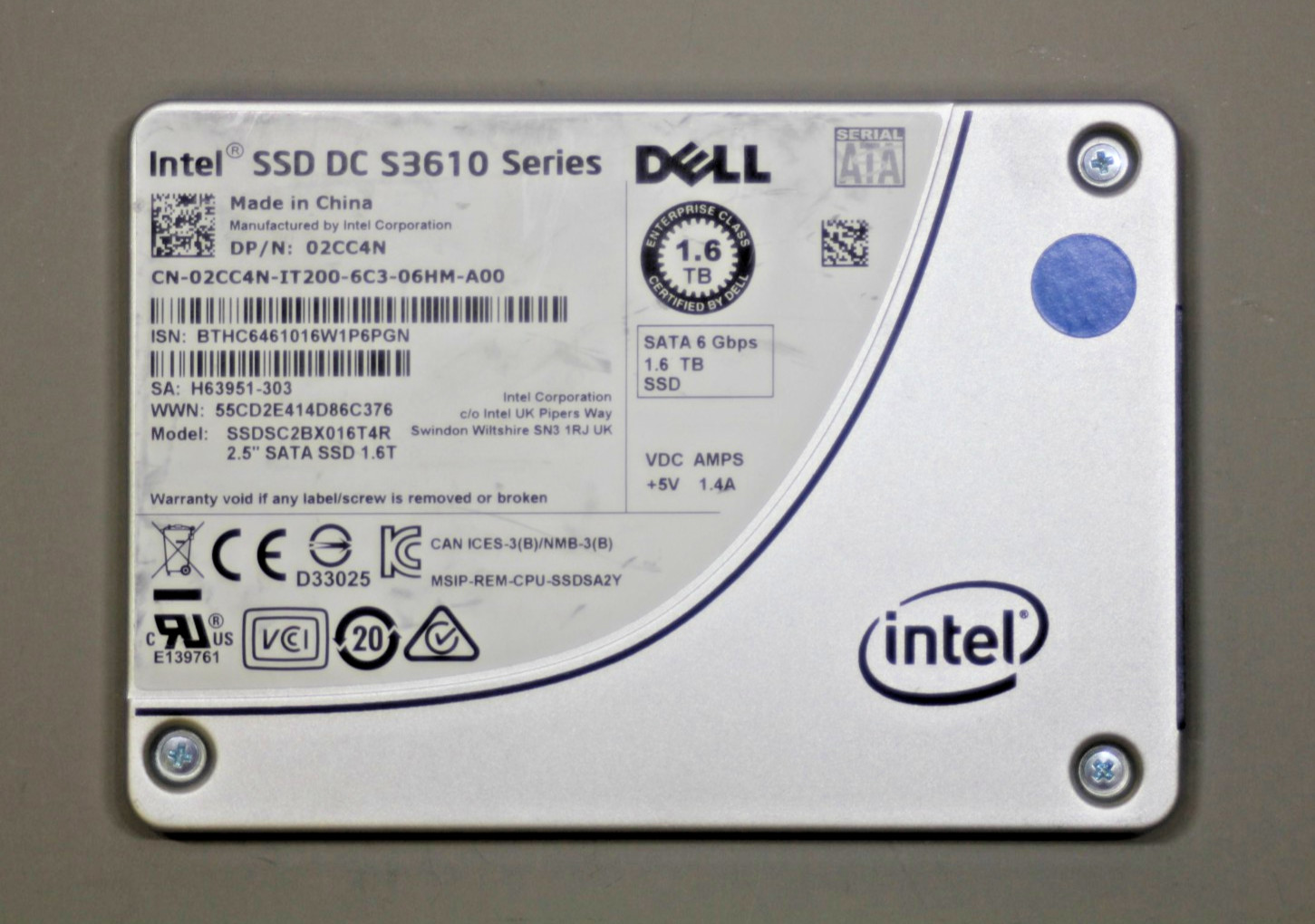 Dell 02CC4N 1.6TB Intel SSD DC S3610 Series SSDSC2BX016T4R SATA 90-99% Health
