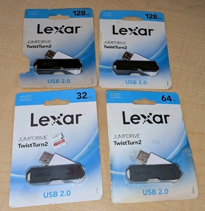 Lot of 4 Lexar JumpDrive TwistTurn2 USB Flash Drive Bundle 32 64 & 128 GB Black