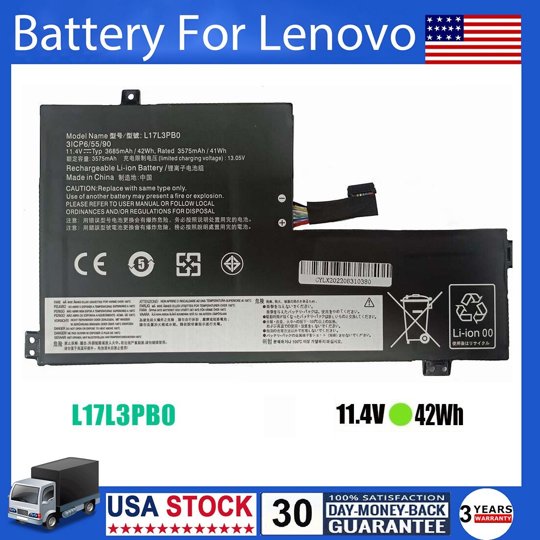 42Wh New L17L3PB0 L17M3PB0 Battery For Lenovo 100e 300e 500e Chromebook Series