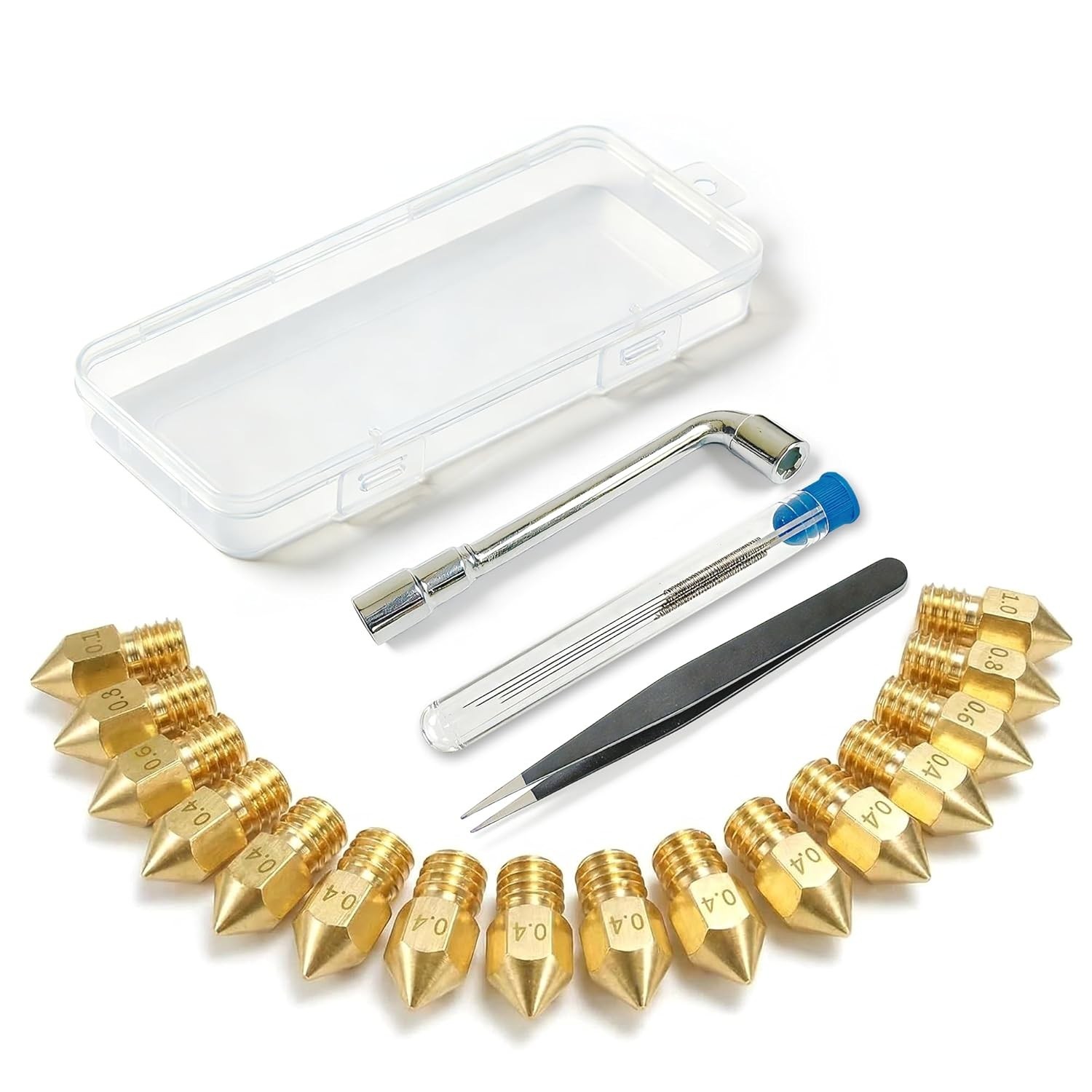 3D Printer Nozzle Kit 16PCS MK8 Brass 0.2-1.0mm Nozzles Wrench Tweezers Ender 3