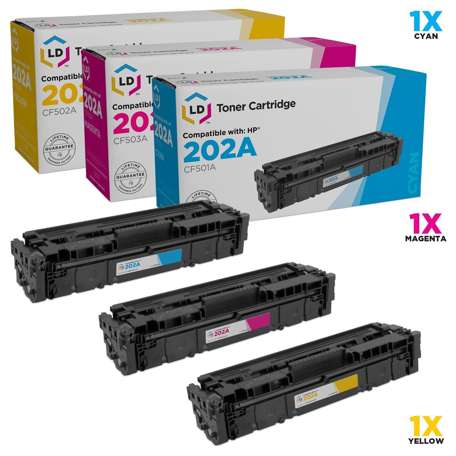 LD Compatible Replacements for HP 202A Set of 3 Toners: Cyan, Magenta & Yellow