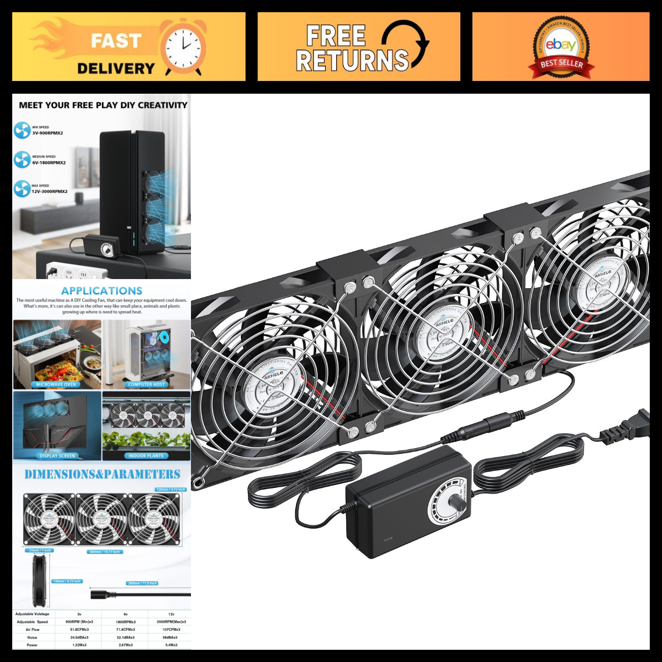 3X120mm DC Cooling Fans with AC Plug & Speed Controller for PC, Server, Greenhou