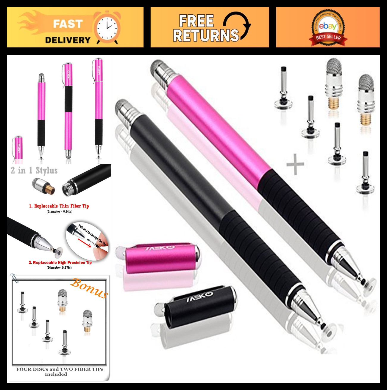 2-in-1 Universal Touchscreen Stylus Pen, Fiber & Rubber Tips, Clip Design, Compa