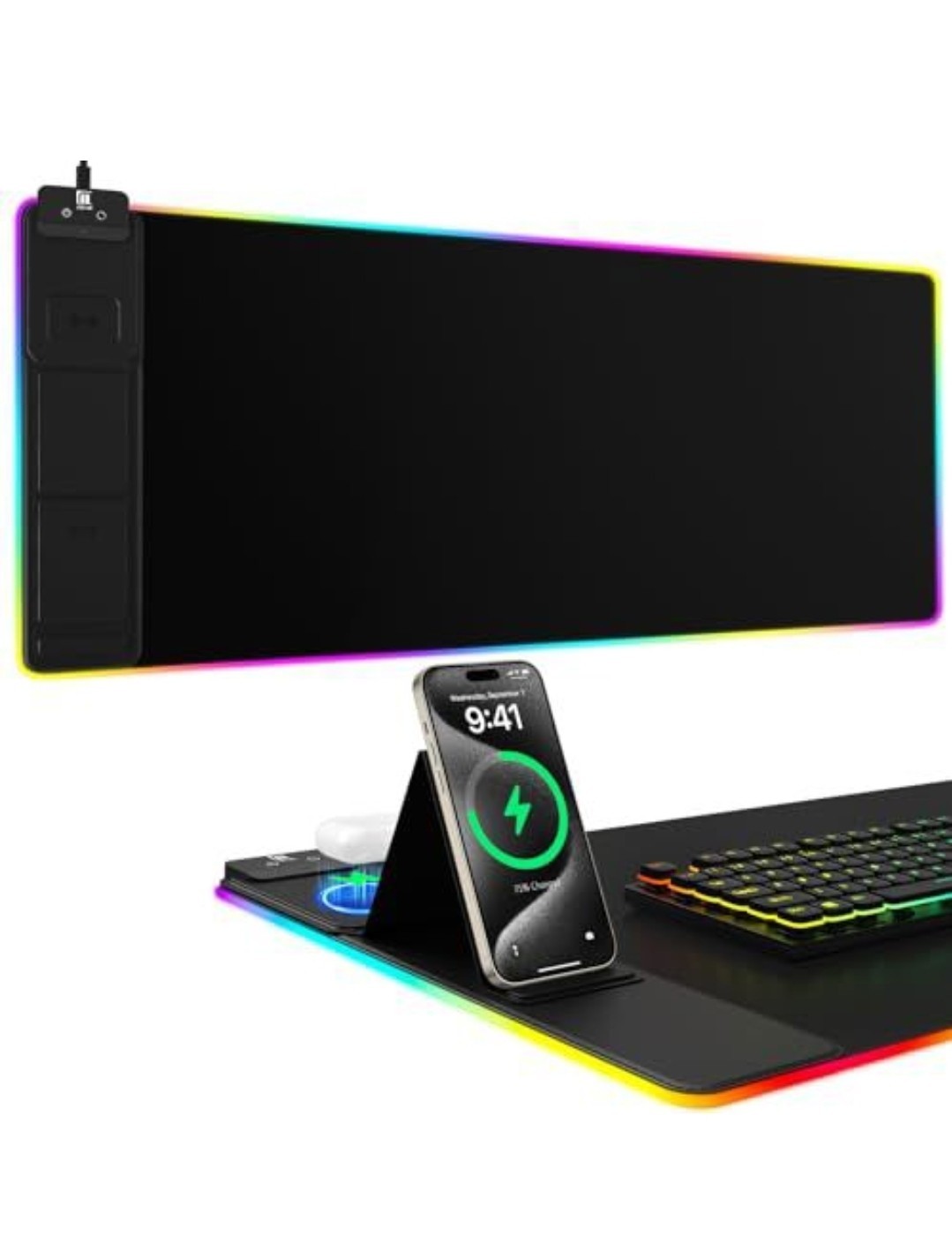 Compare @ $100 Mouse Pad W Phone Holder Wireless Charging Desk Mat RGB Gaming 