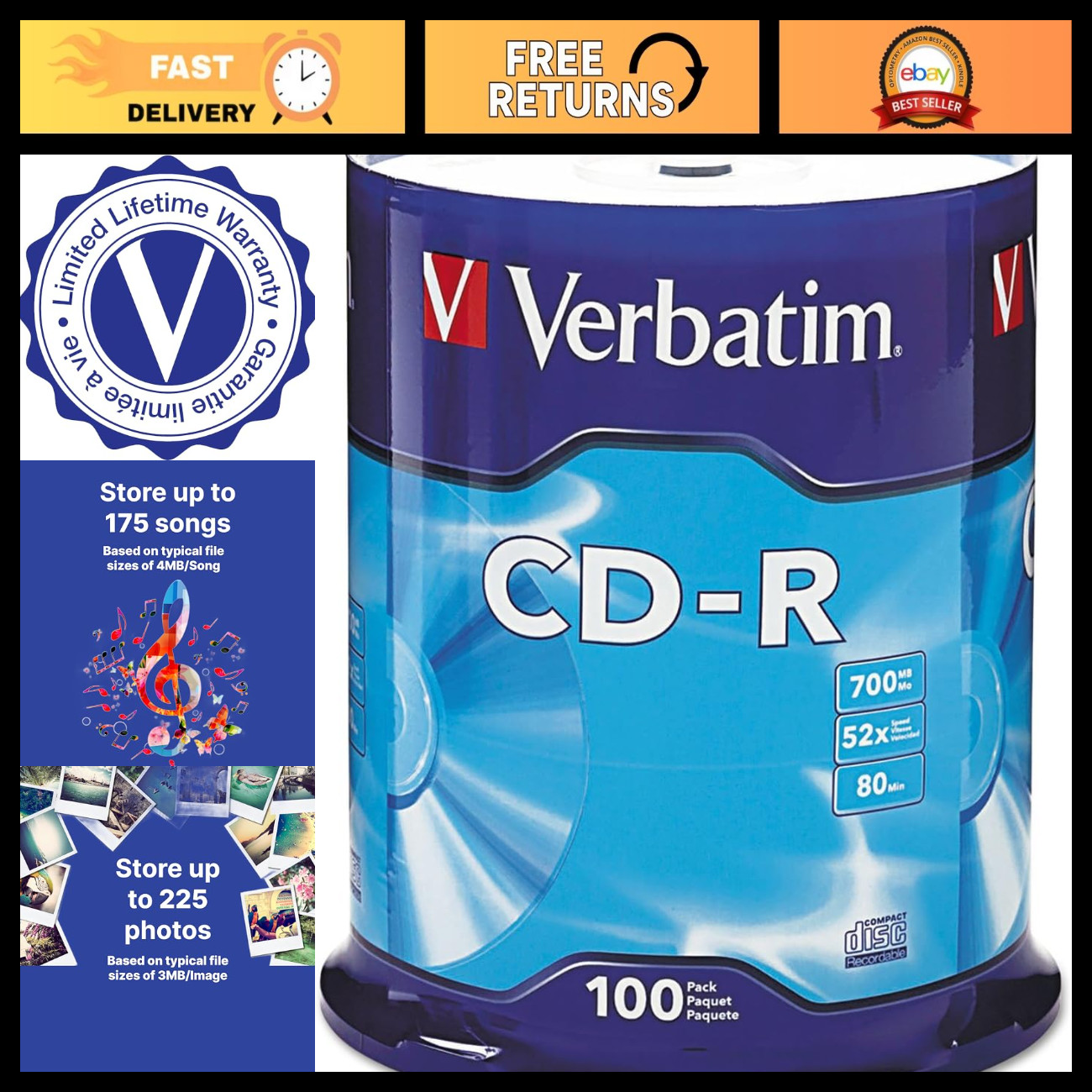 100 Pack CD-R Blank Discs 700MB 80 Min 52X Recordable for Data & Music - Spindle
