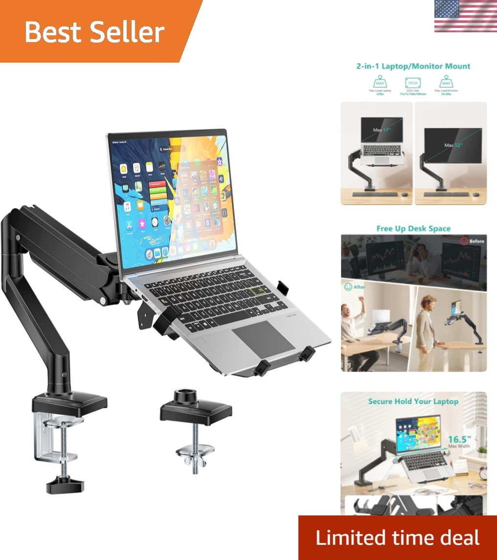 Single Arm Laptop and Monitor Desk Mount for 17" Notebook and Up to 32" Scree...