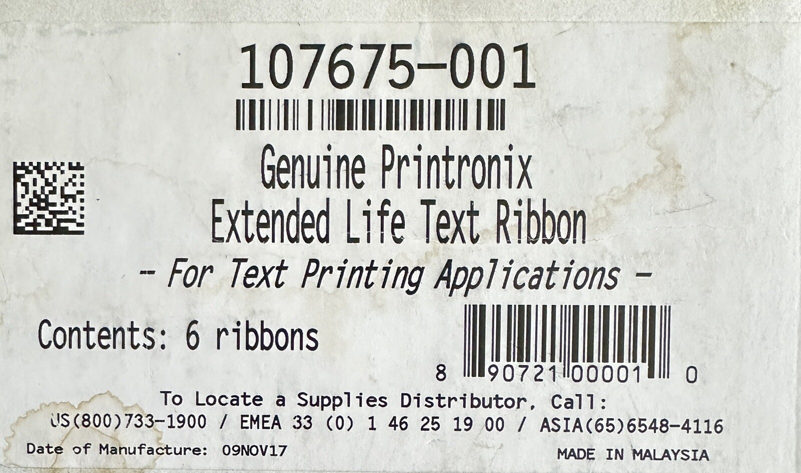 Printronix 107675-001, Extended Life Text Ribbon, 30M, 6 Per Pack MFG :09/11/17