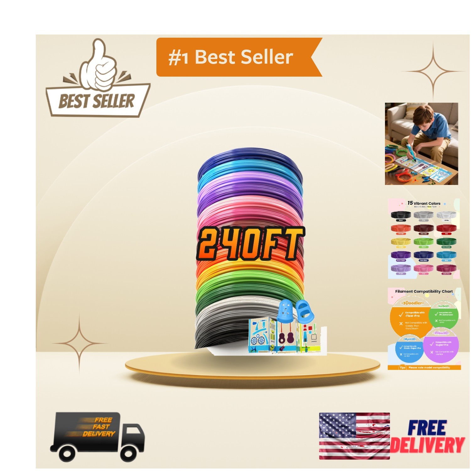 Eco-Friendly 1.75mm 3D Pen Filament Set - 240 ft with 15 Colors and Stencil
