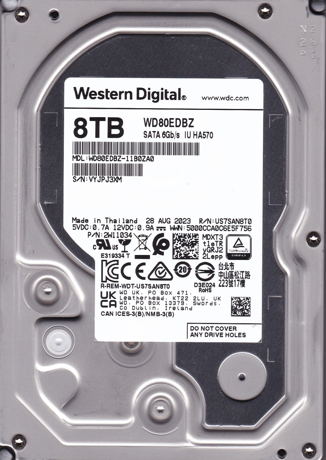 WD80EDBZ-11B0ZA0 WESTERN DIGITAL s/n: VYJP R/N: US7SAN8T0 AUG 2023 8TB SATA 3.5"