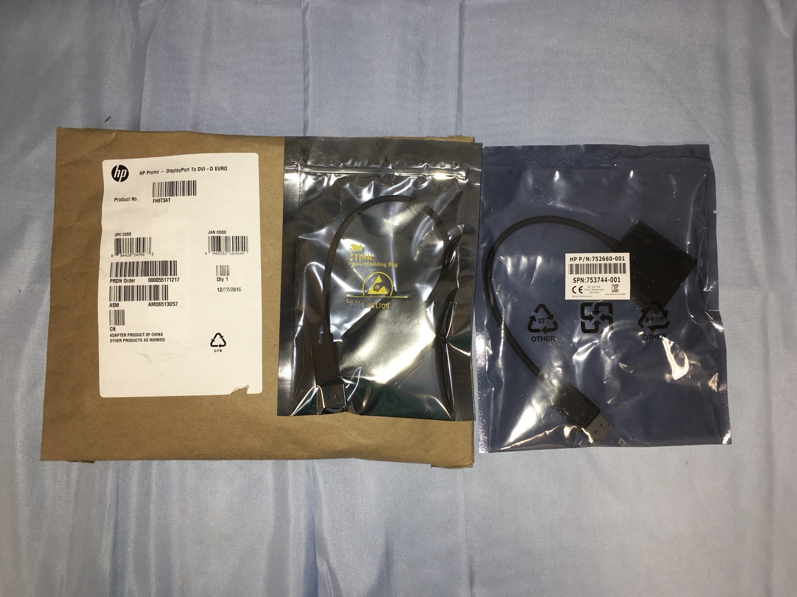 2-NEW HP FH973AT DVI cable - DisplayPort (M) to DVI-D (F) Adapter - 7.5 in