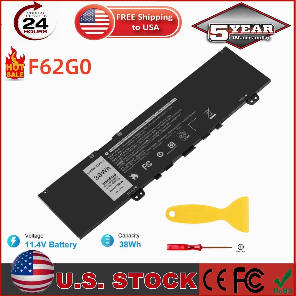 LOT 38Wh F62G0 0F62G0 Battery for Dell Inspiron 13 7380 5370 RPJC3 0RPJC3 39DY5