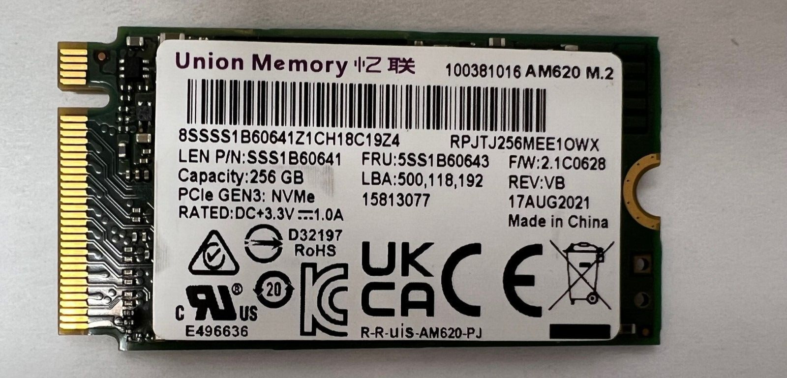 Union Memory 256GB SSD M.2 2242 NVMe PCIe GEN3 AM620 RPJTJ256MEE1OWX SSS1B60641