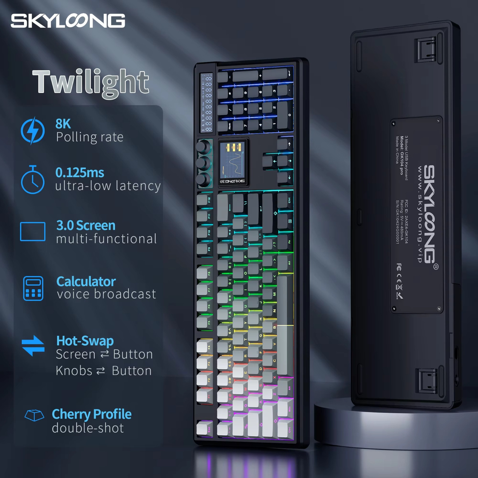 GK104 Pro Wireless Mechanical Keyboard Tri-Mode Bluetooth 5.1/2.4G/USB-C RGB LCD