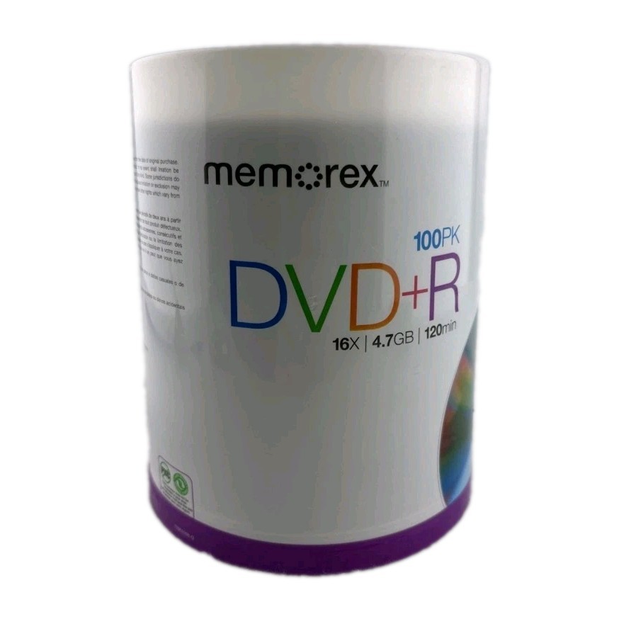 Memorex DVD+R 16X 4.7GB 120min 100 Pack Spindle New Factory Sealed