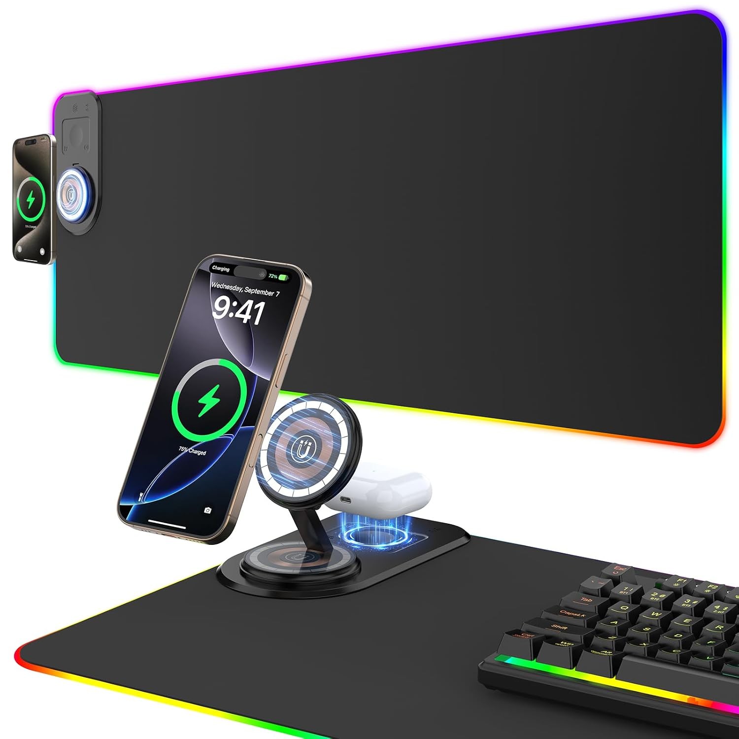 Wireless Charging Gaming Mouse Pad 15W Foldable Phone Stand Desk Mat Magnetic