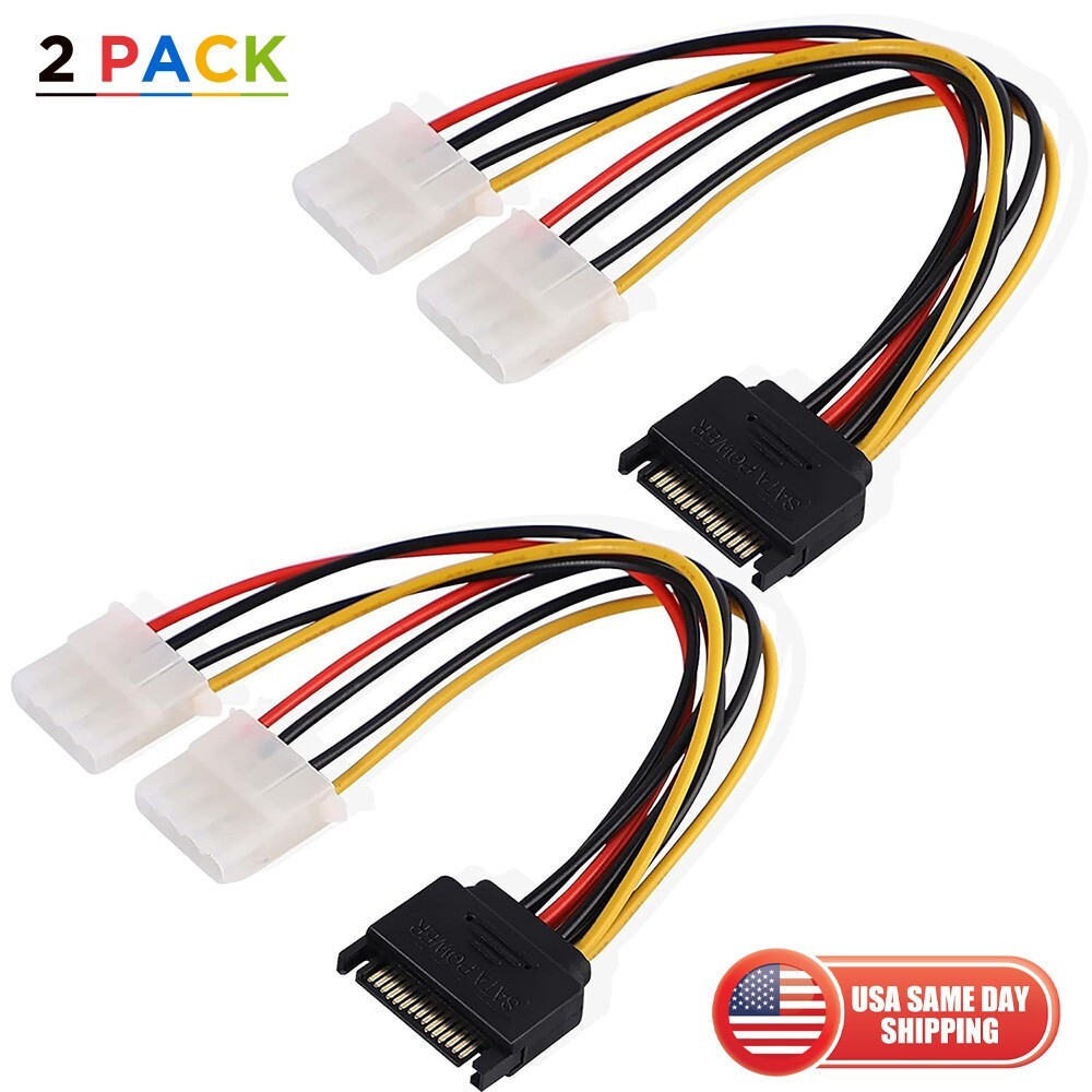 2pcs 8" 15-pin SATA Male to Dual 4pin Molex Female Power Adapter Cable Connector