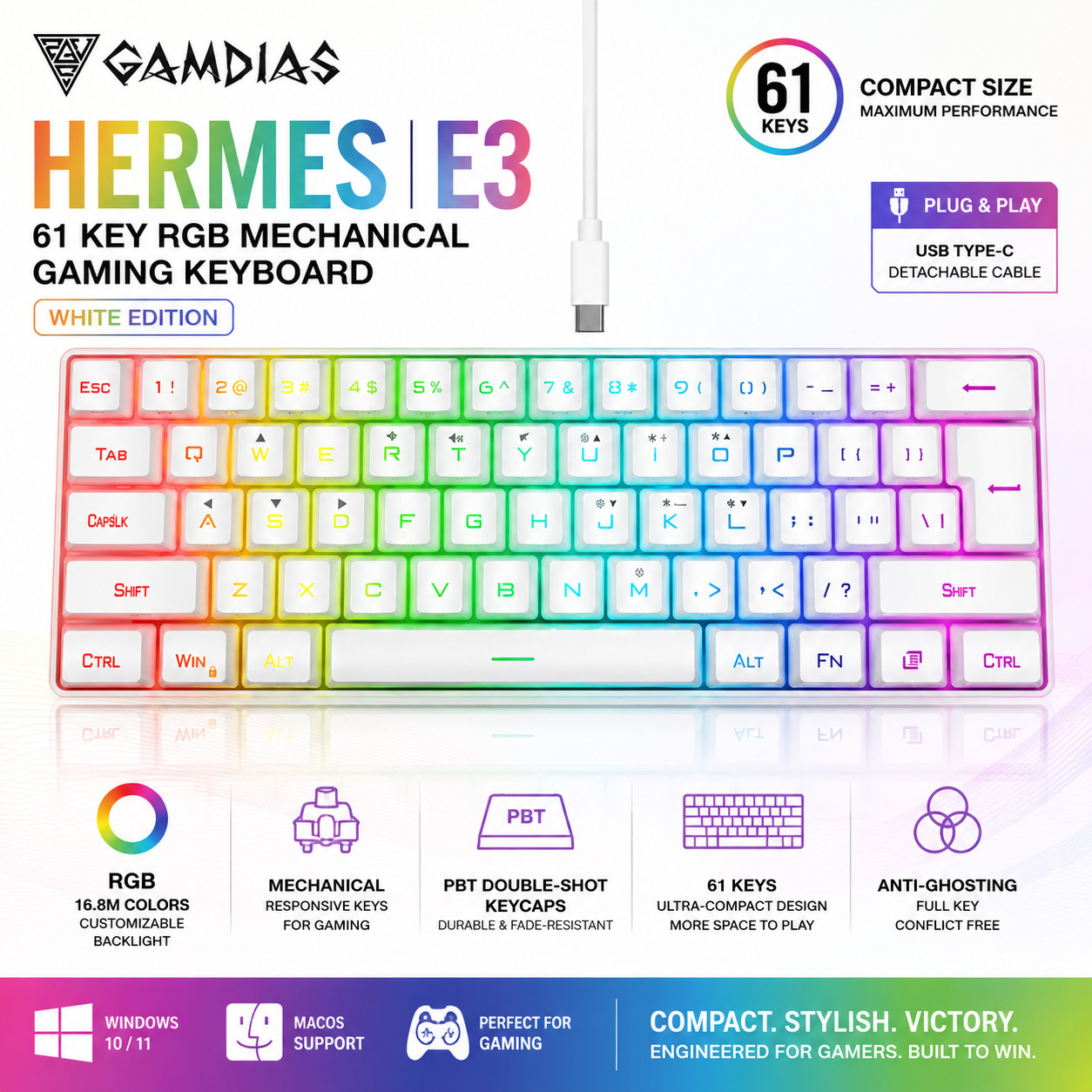 GAMDIAS Hermes E3 61 Key RGB Mechanical Gaming Keyboard White