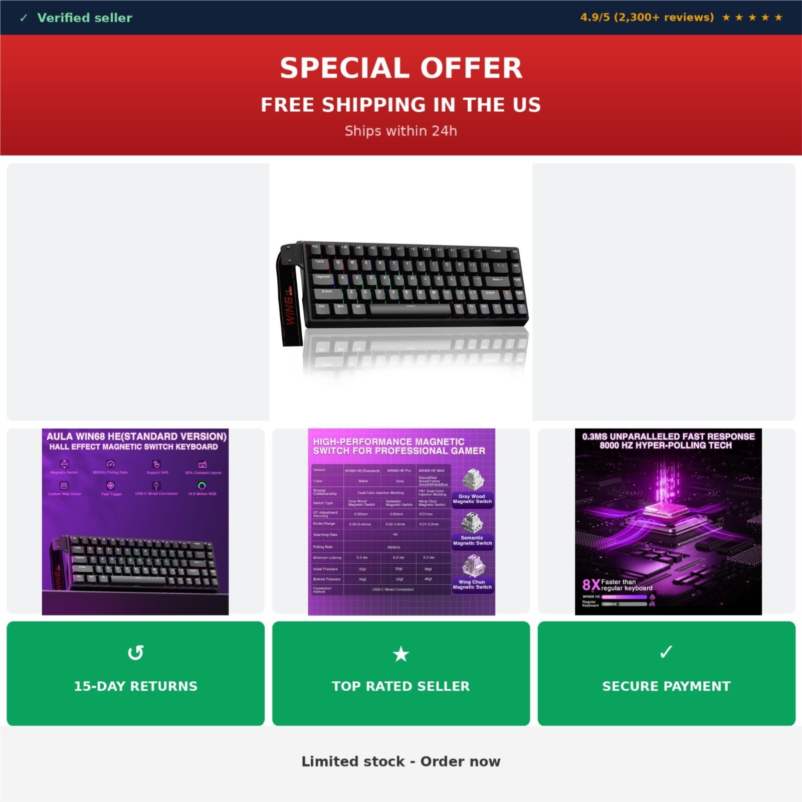 AULA WIN68 HE 60% Gaming Keyboard Hall Effect Magnetic Switch RGB