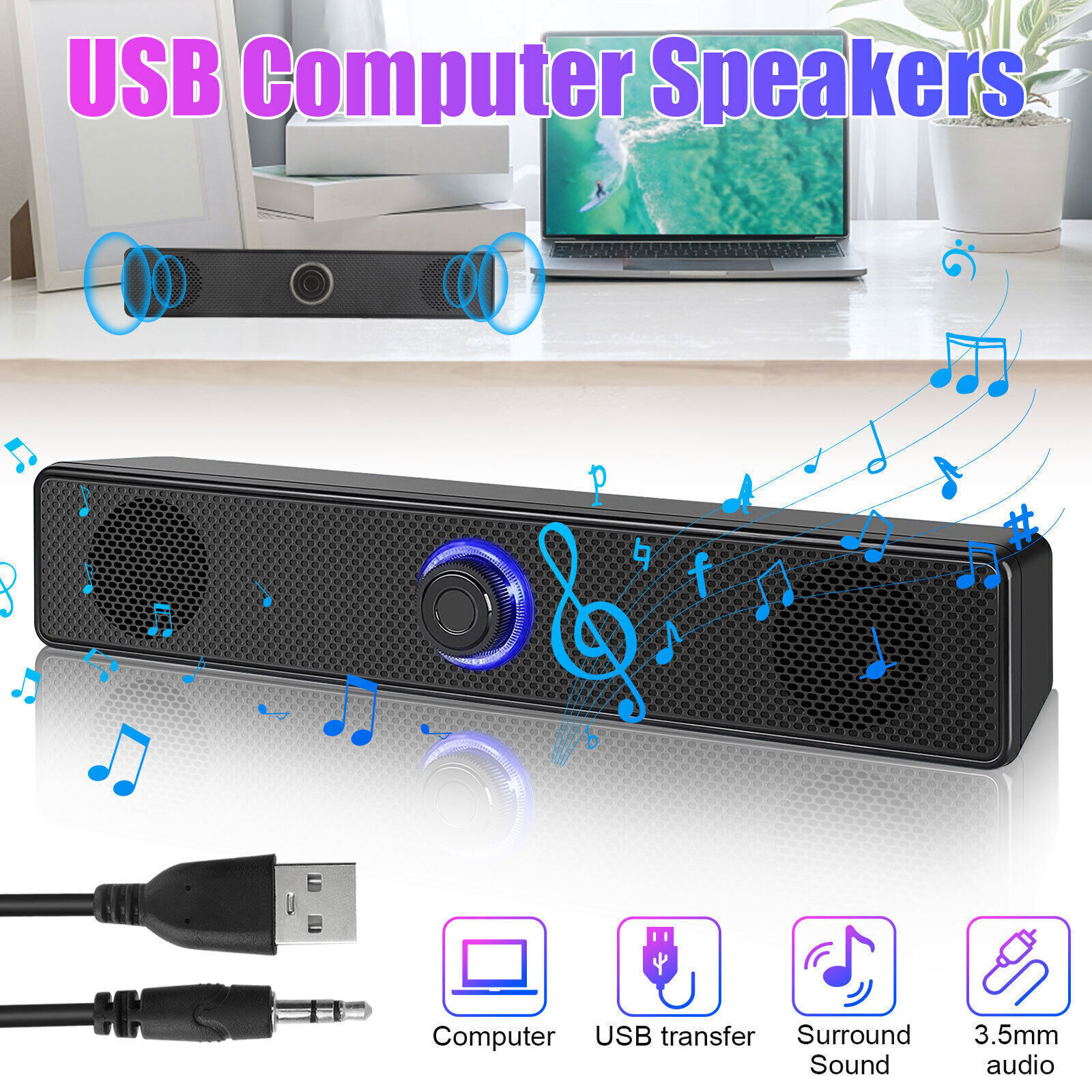 Stereo Bass Sound Computer Speaker 3.5mm USB Wired Soundbar for Desktop Laptop ^