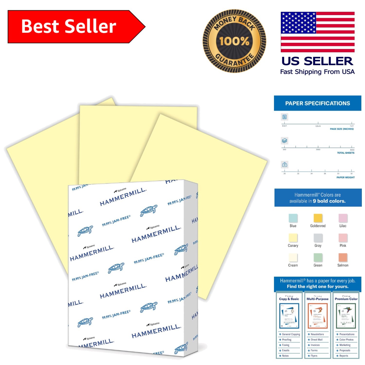 High-Quality 20 lb Canary Yellow Color Paper - 500 Sheet Ream for Home/Office