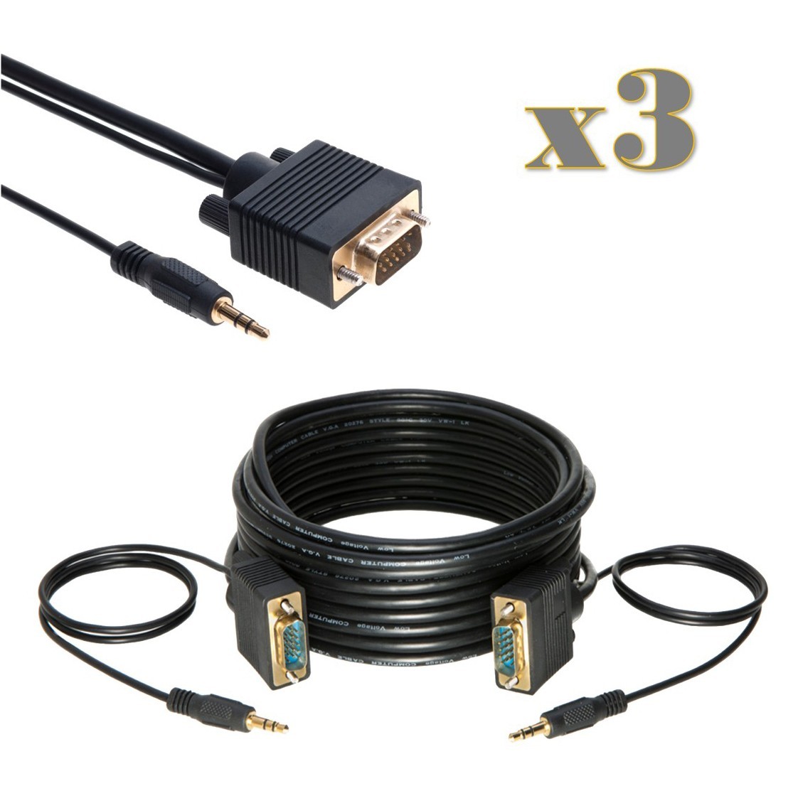 3-Pack - 50FT SVGA M/M + 3.5mm Aux Audio Cable Jack for Monitor, PC, Project TV