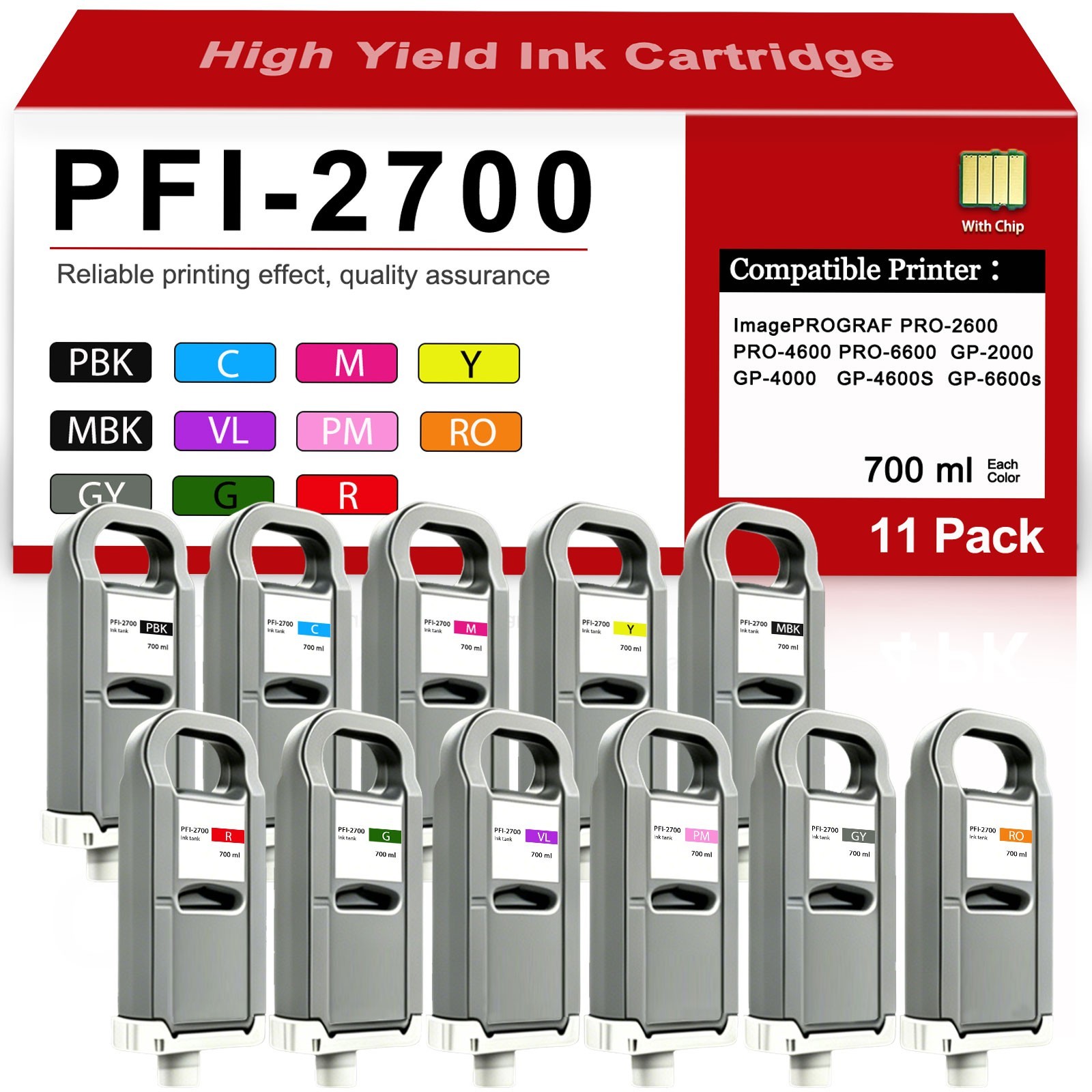 12 Pack PFI 2700 (700ml) Ink Tank Compatible for ImagePROGRAF PRO-6600 PRO-4600