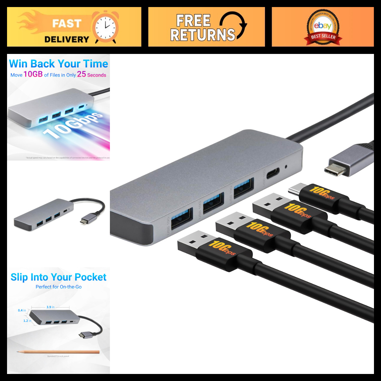 USB C Hub Dock 10Gbps Multiport Adapter, USB 3.2/3.1, 1xUSB-C & 3xUSB-A, Windows