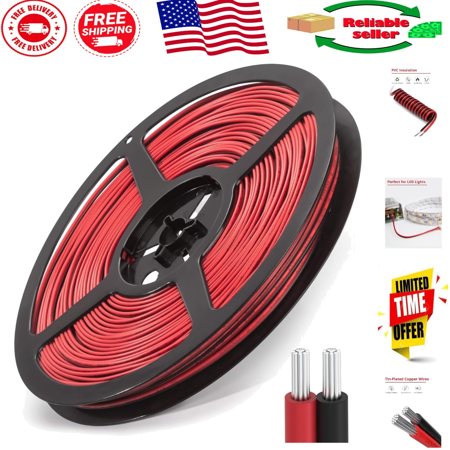 65.6ft Low Voltage Extension Cable - Tin-Plated Copper for Safety & Durability