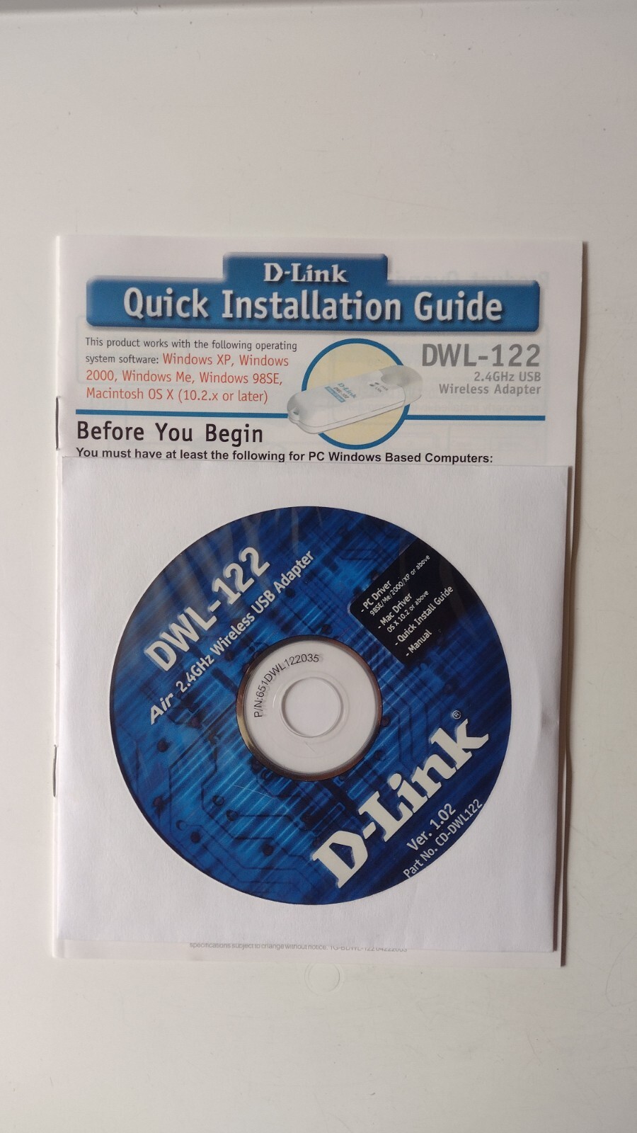 D-Link Dlink DWL-122 USB Wireless CD-ROM Driver Disc Windows 98 ME 2000 XP 2003