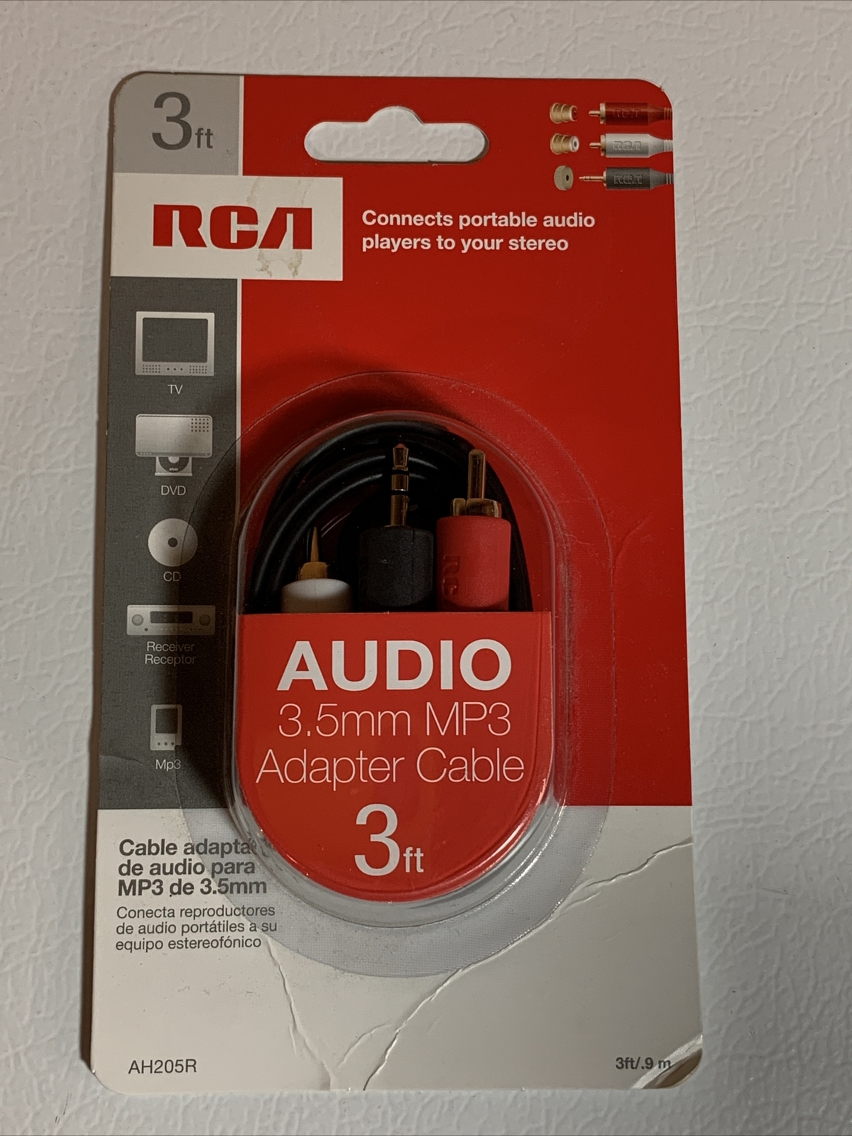 AH205R 3.5mm to 2 RCA Plugs 3ft ipod-phone-table-mp3 player adapter READ