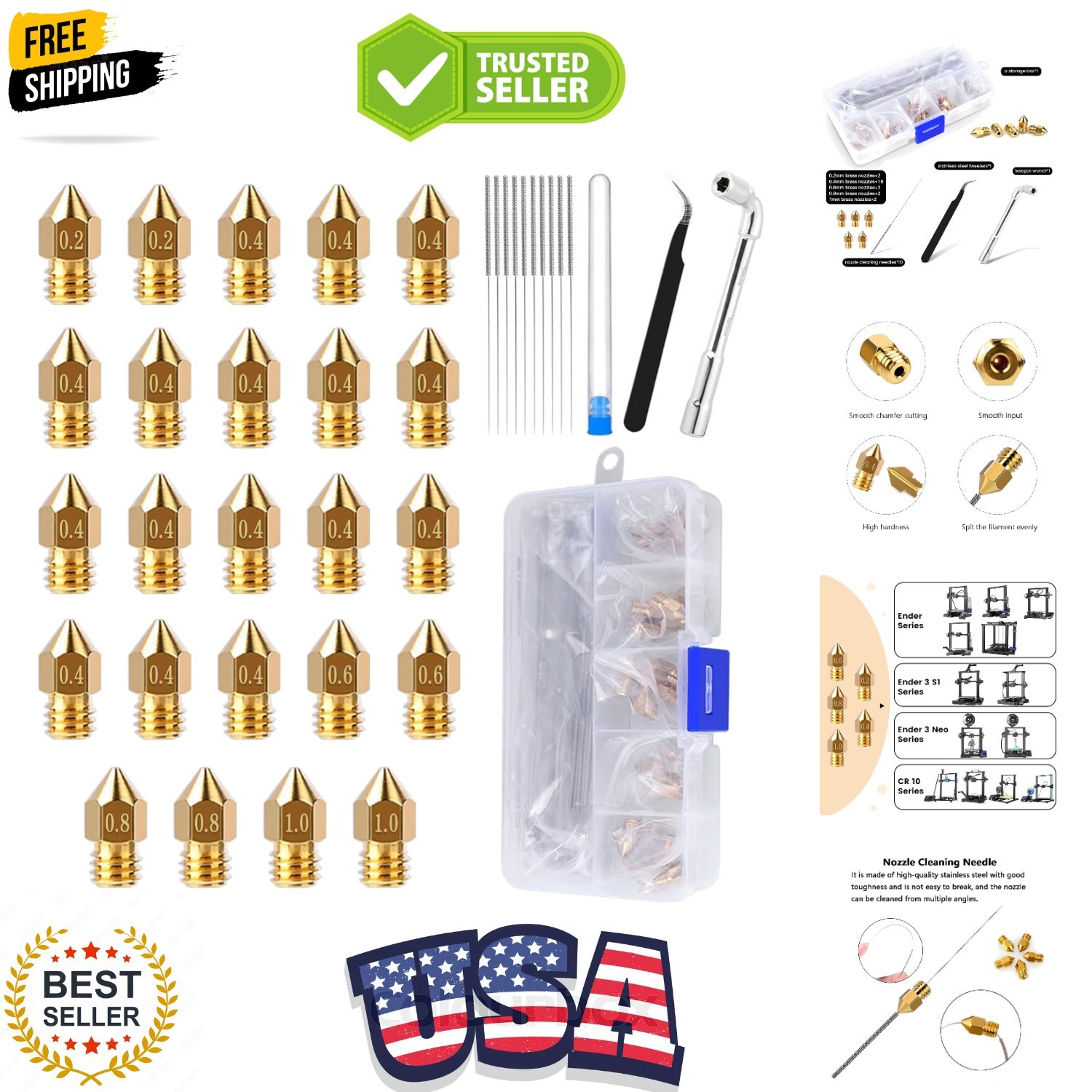 24PCS MK8 Nozzles 3D Printer Extruders Brass Nozzles 0.2mm/0.4mm/0.6mm/0.8mm/...