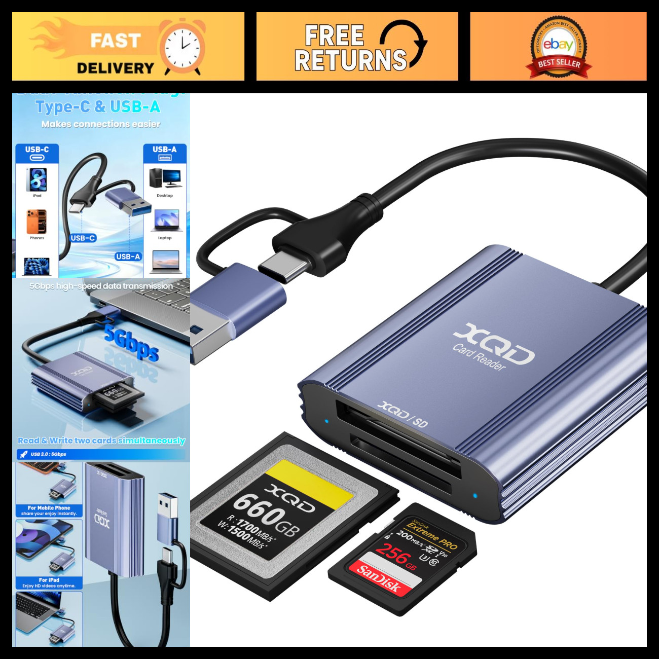 2-in-1 XQD SD Card Reader Adapter USB-C/USB-A, 5Gbps Aluminum for iPhone & PC