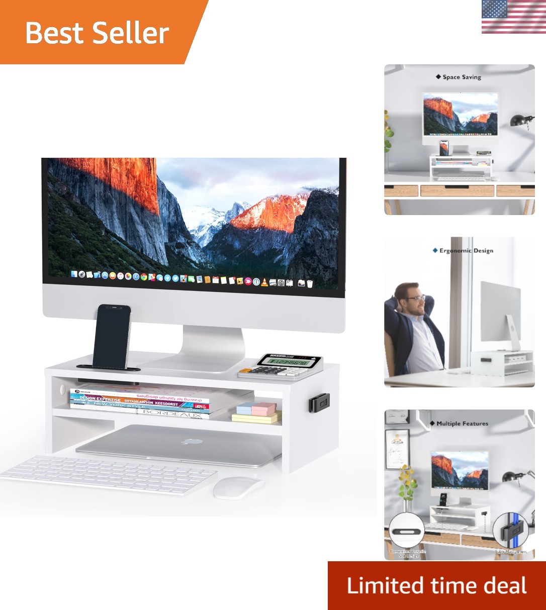 Sustainable White Monitor Stand Riser - 2-Tier with Built-In Storage, 16.5 Inch