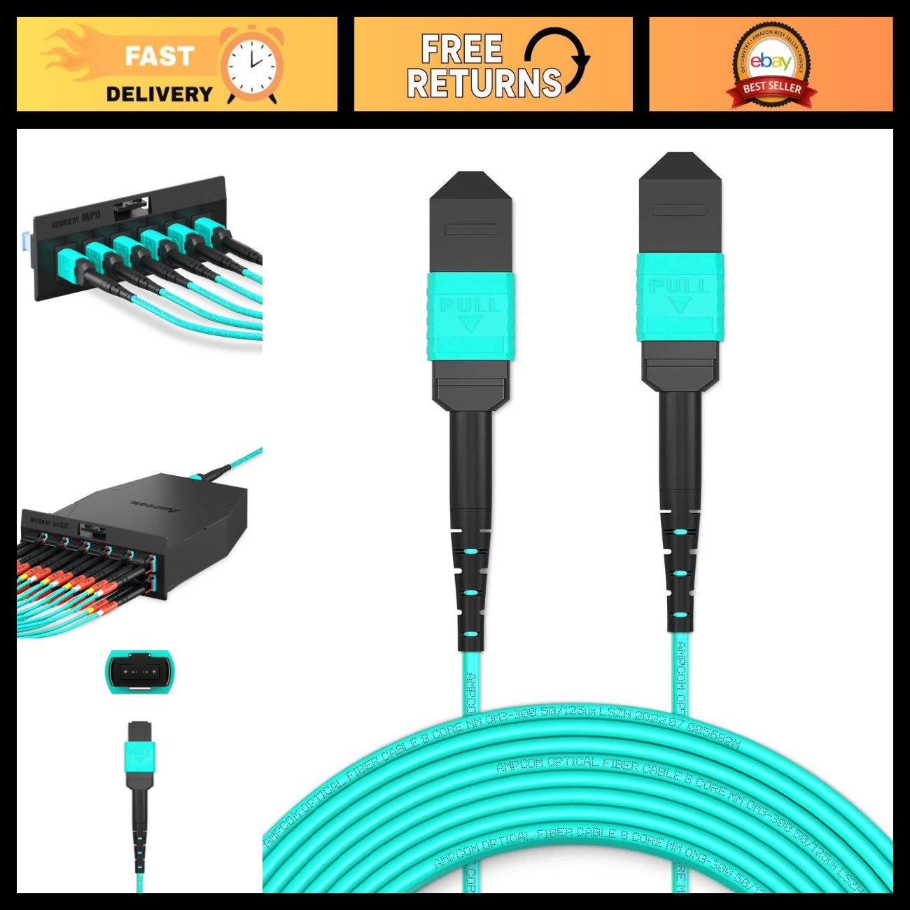 50/125μm Multimode MPO to MPO Trunk Cable 12 Fiber OM3-300, Type B, 1.5m, LSZH
